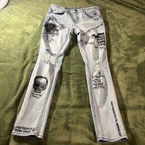 Rogue Men's Light Blue Graphic Distressed Straight Denim Jeans